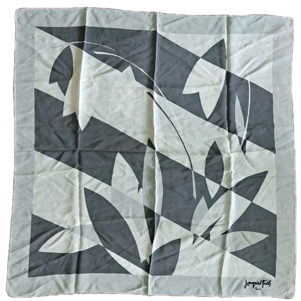 Designer Jacques Fath France Gray and White Geometric Floral Silk Scarf